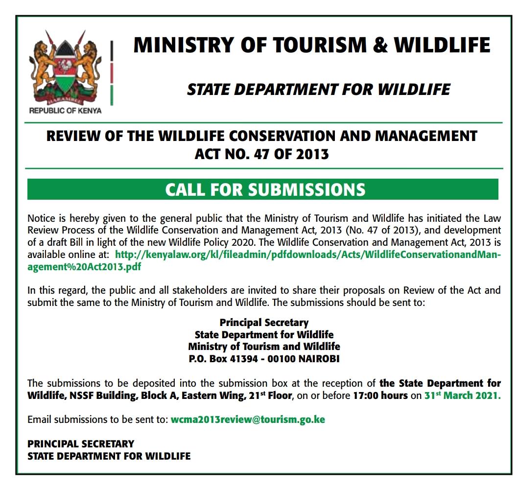 Notice on the Review of the Wildlife Conservation and Management Act No. 47 of 2013